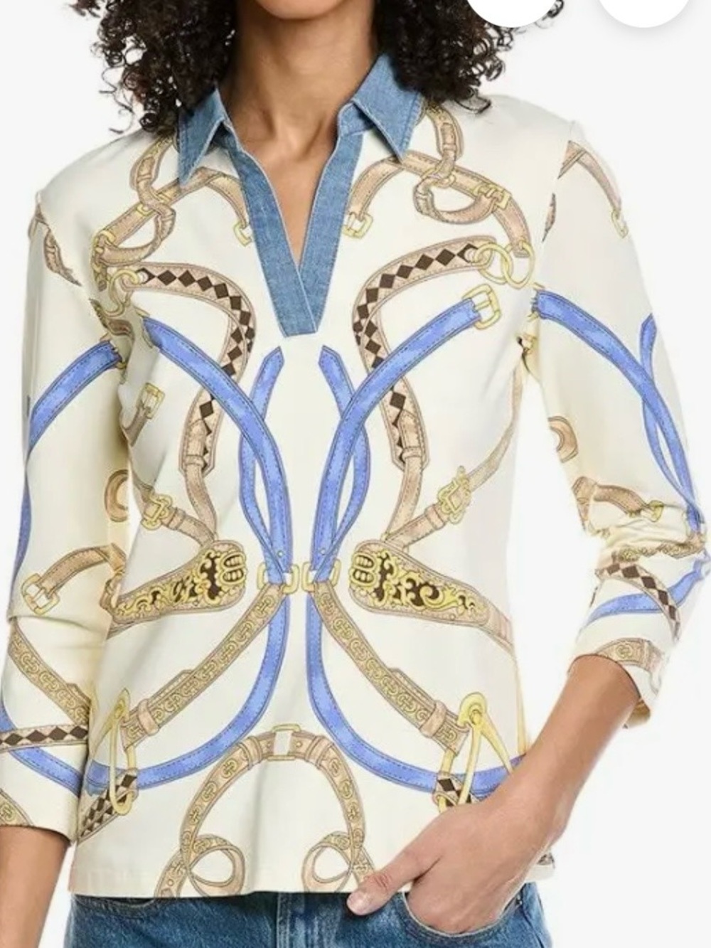 J.McLaughlin Greens Top Denim Collar Equestrian Belt Print M